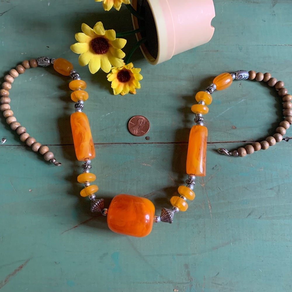 Boho Orange Acrylic, Silver & Wood Bead Necklace